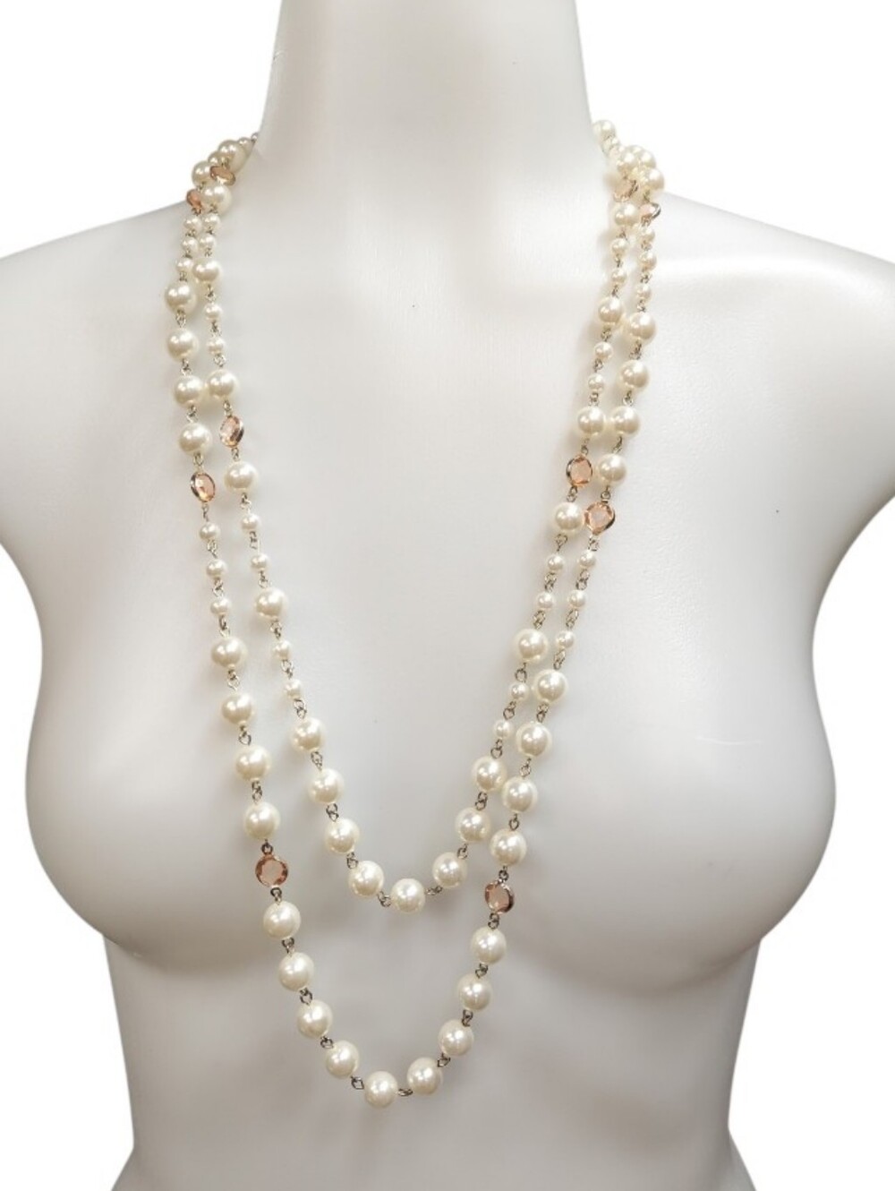 N2856 Classic Pearl Layered Necklace White Faux Pearls with Gold Chain & Crystal